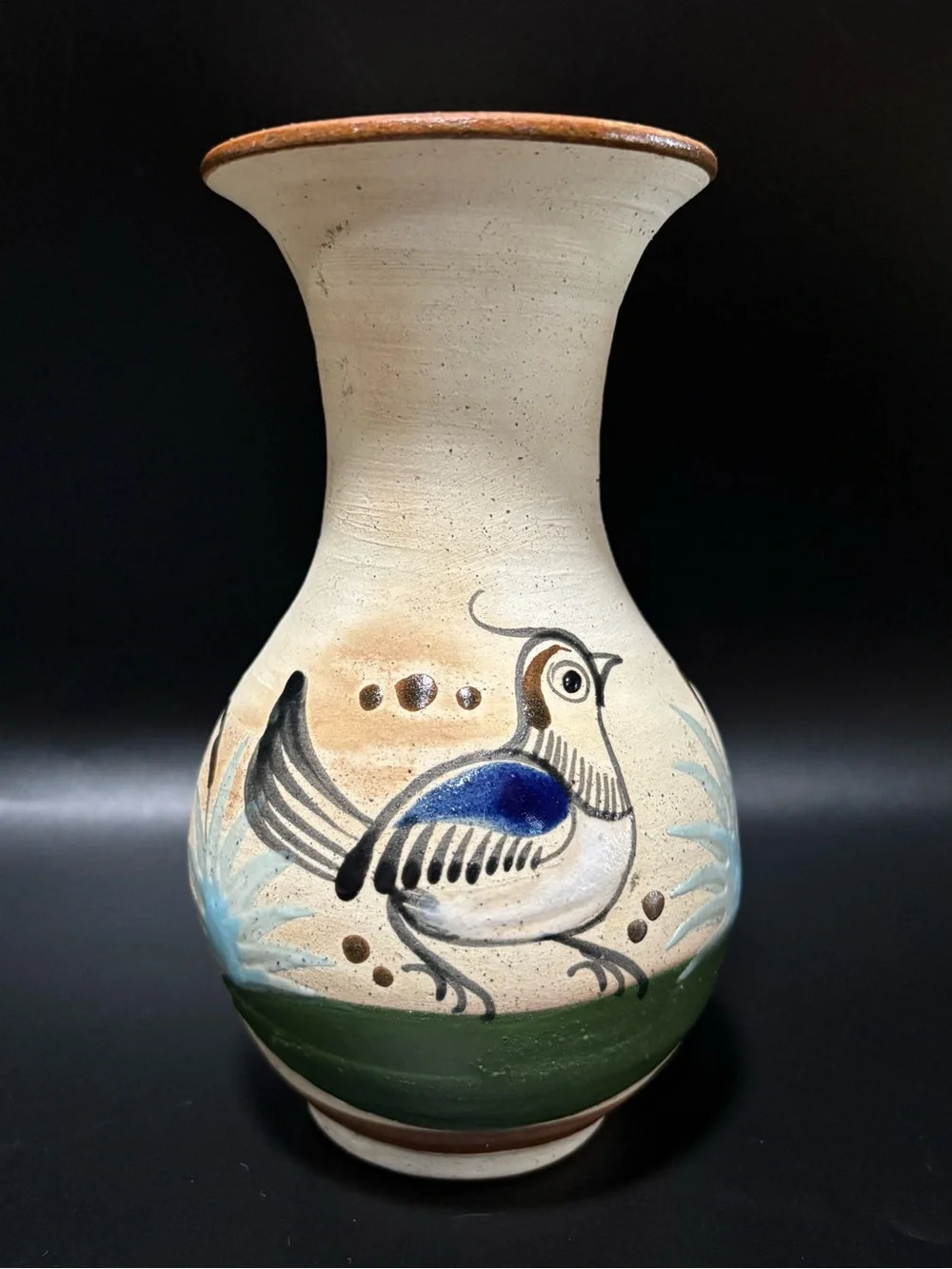 Vintage Tonala Mexican Pottery Vase Hand Painted Folk Art Bird Sandstone 6.5”